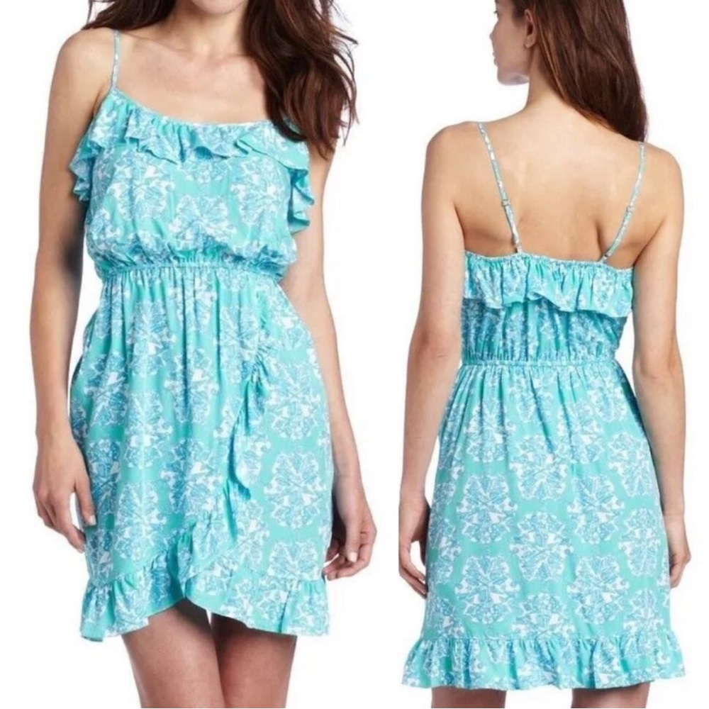 LILLY PULITZER Kalen Lagoon Blue Green Hey Sailor Flounce Ruffle Faux Wrap Dress
